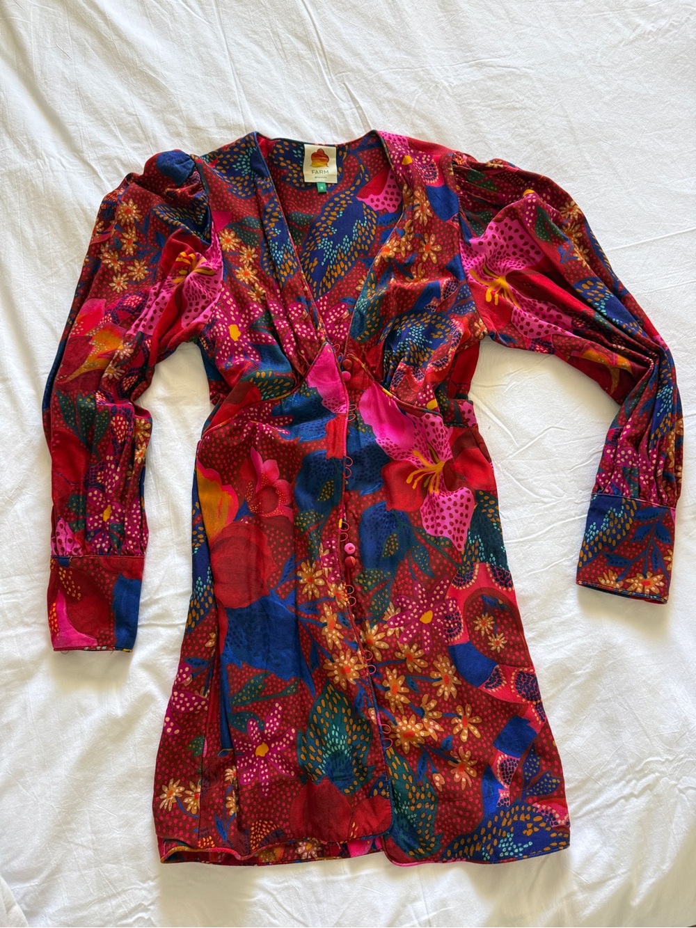 FARM Rio Long Sleeve Floral Mini Dress in Red, Pink and Blue
